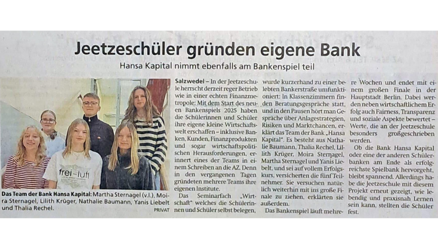Hansa Kapital, Jeetzeschule Salzwedel, Altmark-Zeitung, 27.11.2025