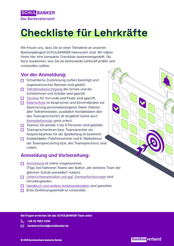 SCHULBANKER Checkliste für Lehrkräfte